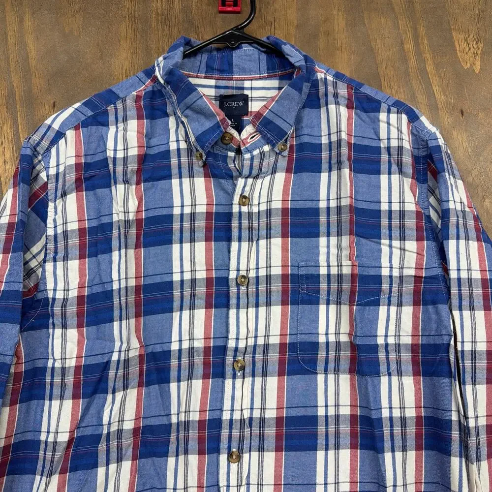 J Crew Mens Shirt Blue Red Cream Plaid Button Down Long Sleeve Cotton Large